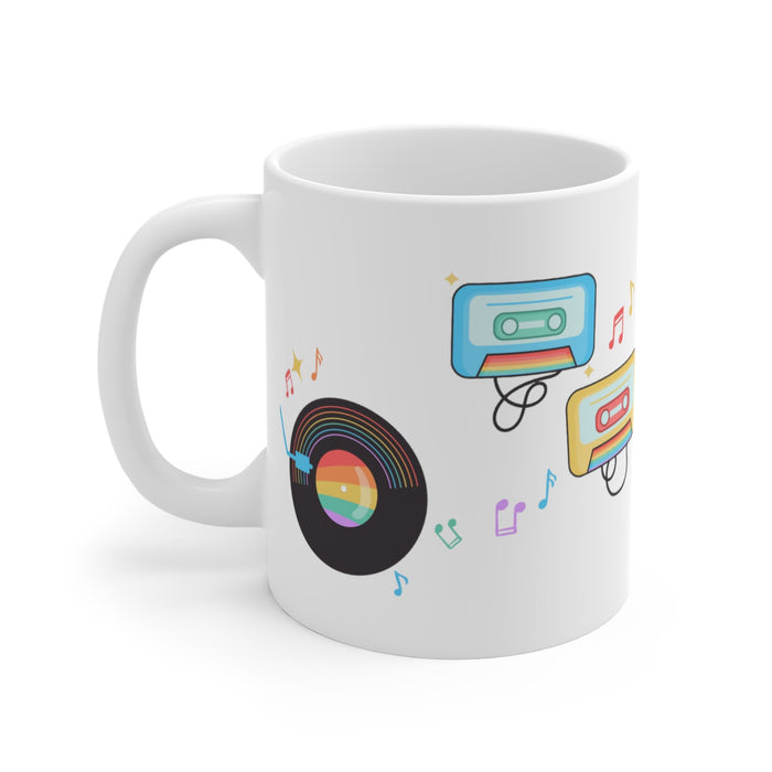 Classic Melodies Mug for Coffee and Tea: white, black retro music theme, cartoon retro style