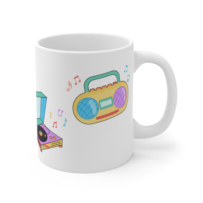 Classic Melodies Mug for Coffee and Tea: white, black retro music theme, cartoon retro style