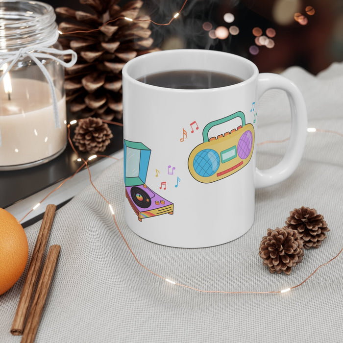 Classic Melodies Mug for Coffee and Tea: white, black retro music theme, cartoon retro style