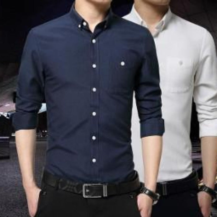 Classic Men's Shirt with Button Front: navy blue, white button-up shirts, minimal style