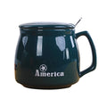 Classic USA Design Ceramic Coffee Cup: dark teal, white America theme, minimal style