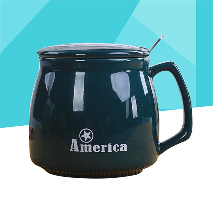 Classic USA Design Ceramic Coffee Cup: dark teal, white America theme, minimal style