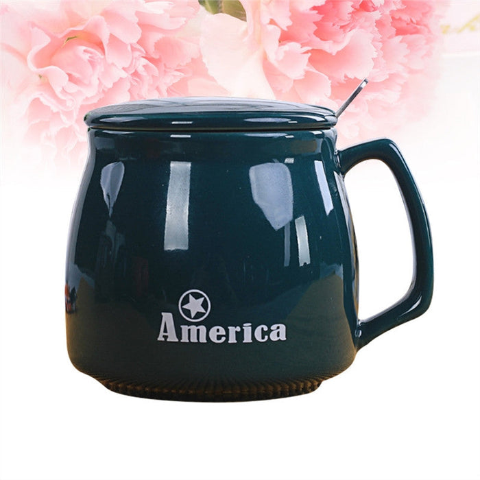Classic USA Design Ceramic Coffee Cup: dark teal, white America theme, minimal style