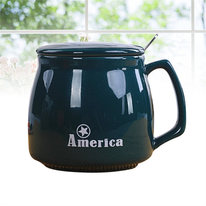 Classic USA Design Ceramic Coffee Cup: dark teal, white America theme, minimal style