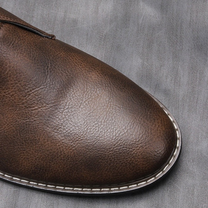 Classic Vegan Leather Ankle Boots for Men: dark brown, black ankle boot, minimal casual dress boot style