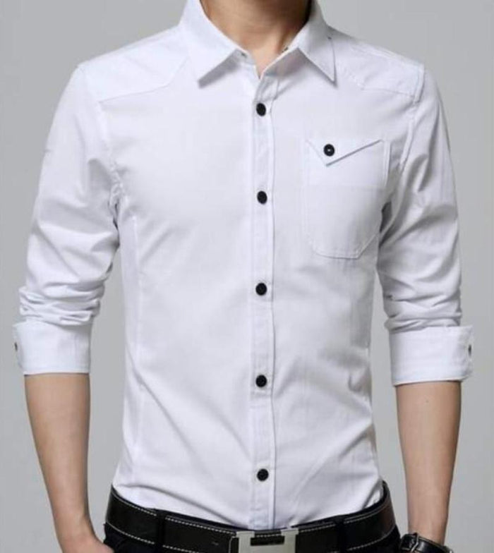 Classic White Long Sleeve Shirt with Flip Pocket and Button Front for Men: white, black button-up shirt, minimal style