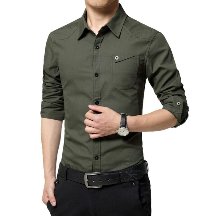 Classic White Long Sleeve Shirt with Flip Pocket and Button Front for Men: white, black button-up shirt, minimal style