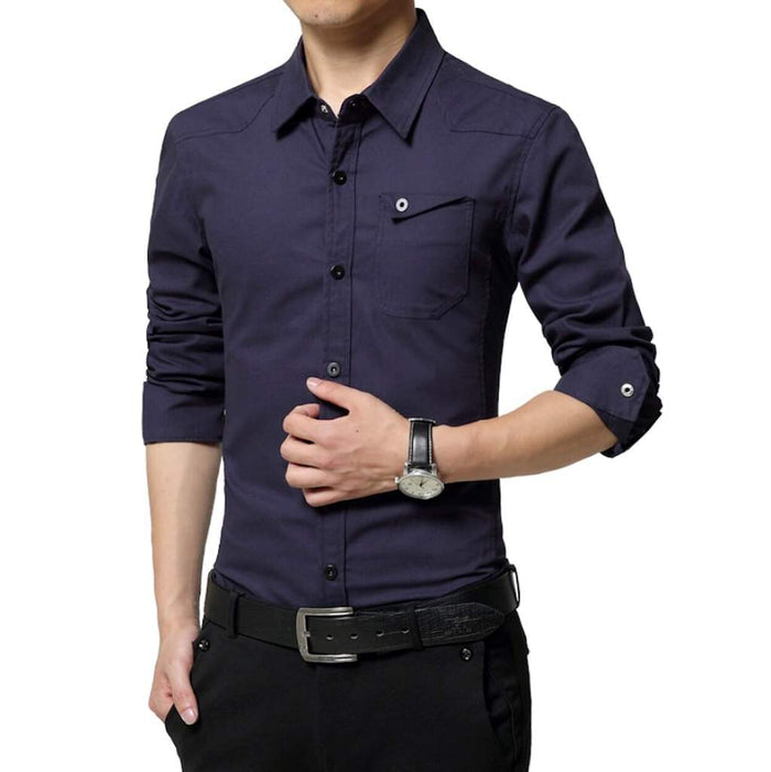 Classic White Long Sleeve Shirt with Flip Pocket and Button Front for Men: white, black button-up shirt, minimal style