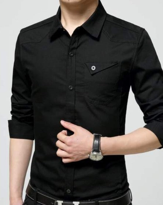Classic White Long Sleeve Shirt with Flip Pocket and Button Front for Men: white, black button-up shirt, minimal style