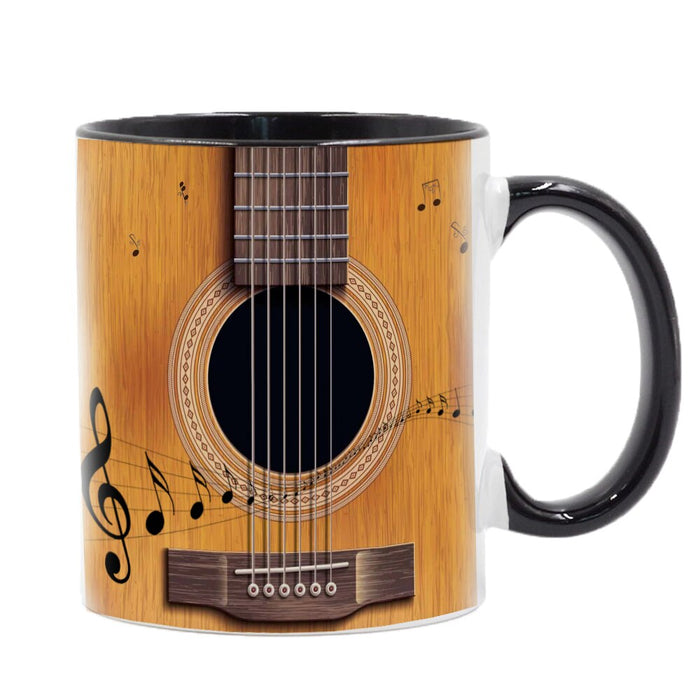 Classical Musician's Cello Coffee Cup: wood grain brown, black acoustic guitar and musical notes, graphic musical theme style