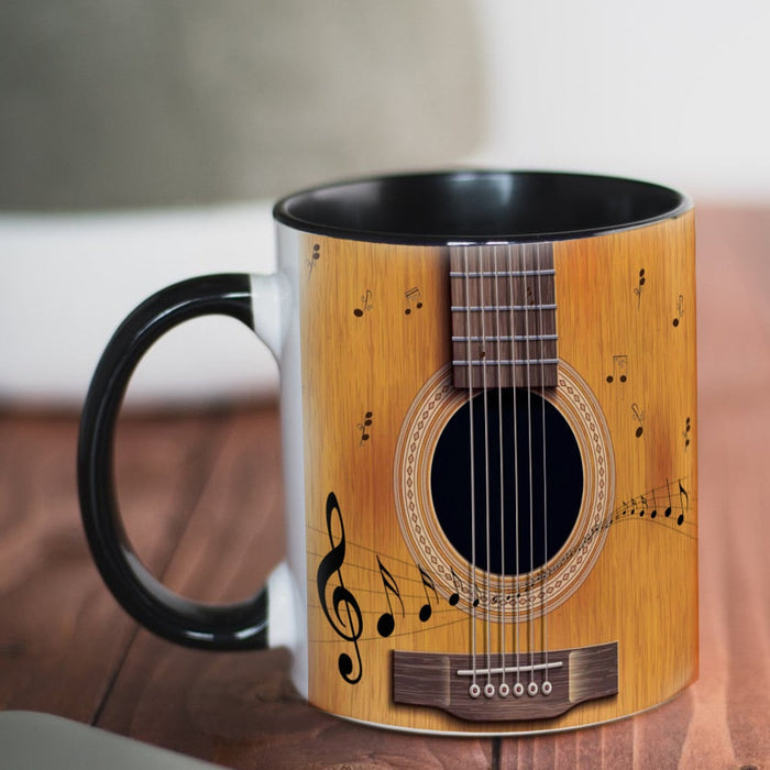 Classical Musician's Cello Coffee Cup: wood grain brown, black acoustic guitar and musical notes, graphic musical theme style