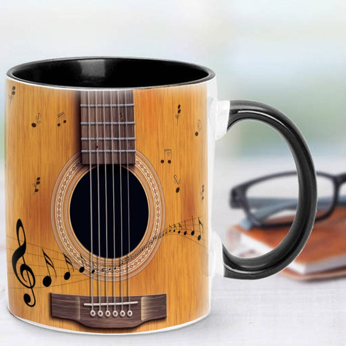 Classical Musician's Cello Coffee Cup: wood grain brown, black acoustic guitar and musical notes, graphic musical theme style