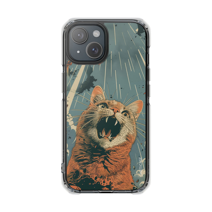 Clear Magnetic Case for Retro Cat iPhone Series: clear, black orange cat, vintage graphic illustration style