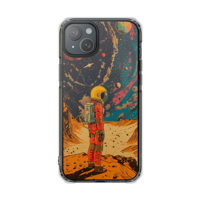 Clear Magnetic Case with Retro Astronaut Design for iPhone Models: black, orange astronaut on an alien planet, retro sci-fi i