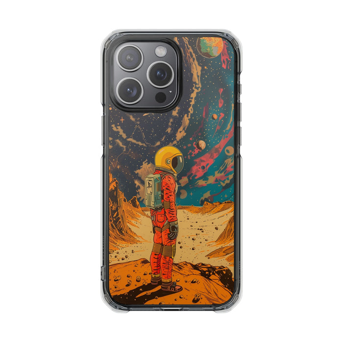Clear Magnetic Case with Retro Astronaut Design for iPhone Models: black, orange astronaut on an alien planet, retro sci-fi i