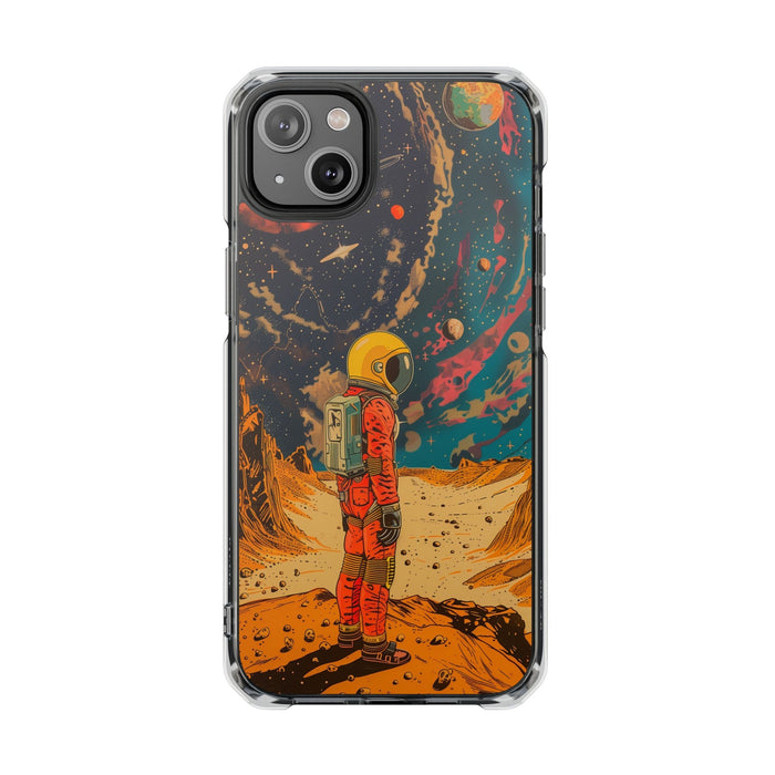 Clear Magnetic Case with Retro Astronaut Design for iPhone Models: black, orange astronaut on an alien planet, retro sci-fi i