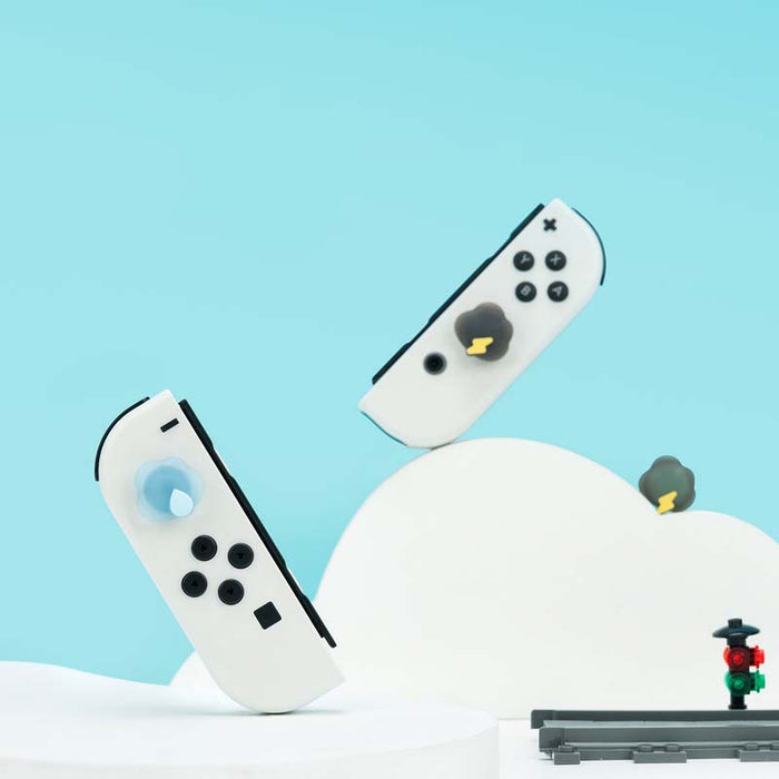 Cloud Joy-Con Caps for Nintendo Switch: white, black cloud and lightning theme, cartoon kawaii style