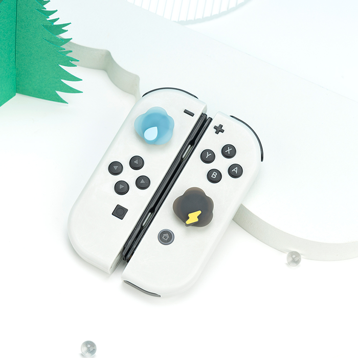 Cloud Joy-Con Caps for Nintendo Switch: white, black cloud and lightning theme, cartoon kawaii style