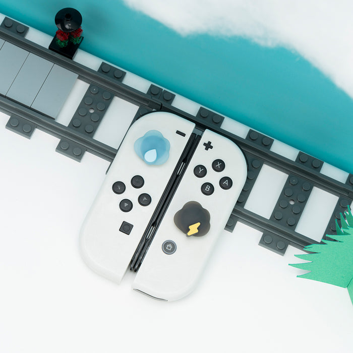 Cloud Joy-Con Caps for Nintendo Switch: white, black cloud and lightning theme, cartoon kawaii style
