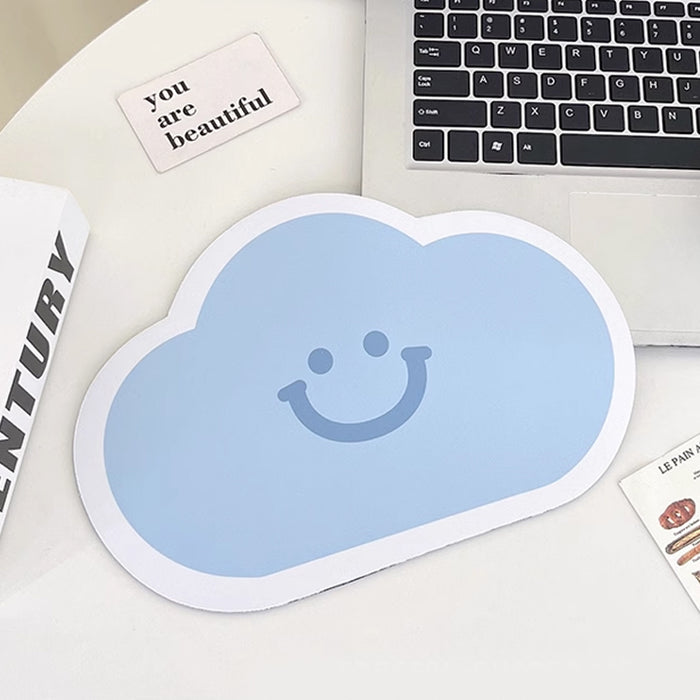 Cloud Mouse Pad: Whimsical, Compact, Durable: light blue, white smiling cloud character, cute cartoon style