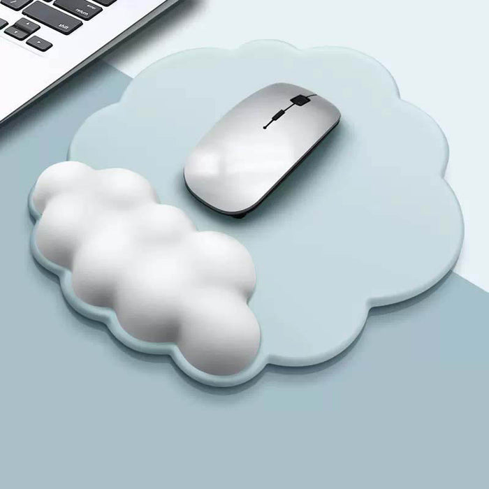 Cloud Mouse Pad with Wrist Support: light blue, white cloud theme, minimal kawaii style