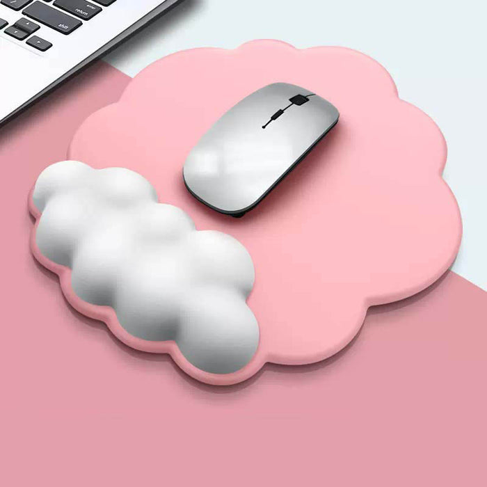 Cloud Mouse Pad with Wrist Support: light blue, white cloud theme, minimal kawaii style