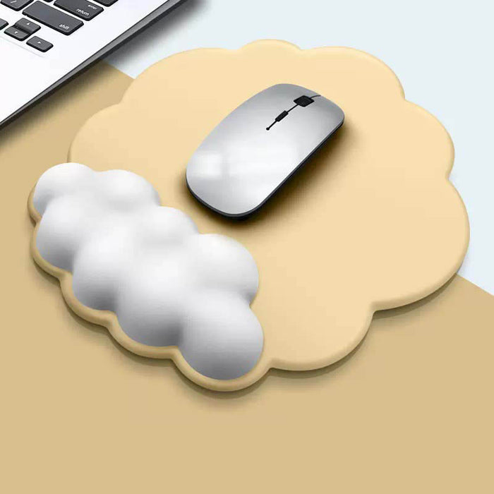 Cloud Mouse Pad with Wrist Support: light blue, white cloud theme, minimal kawaii style