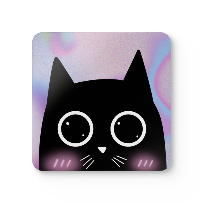 Coaster Set for Cat Lovers, Adorable Blushing Kitty Design (4 Pieces): black, white black cat character, kawaii cartoon style