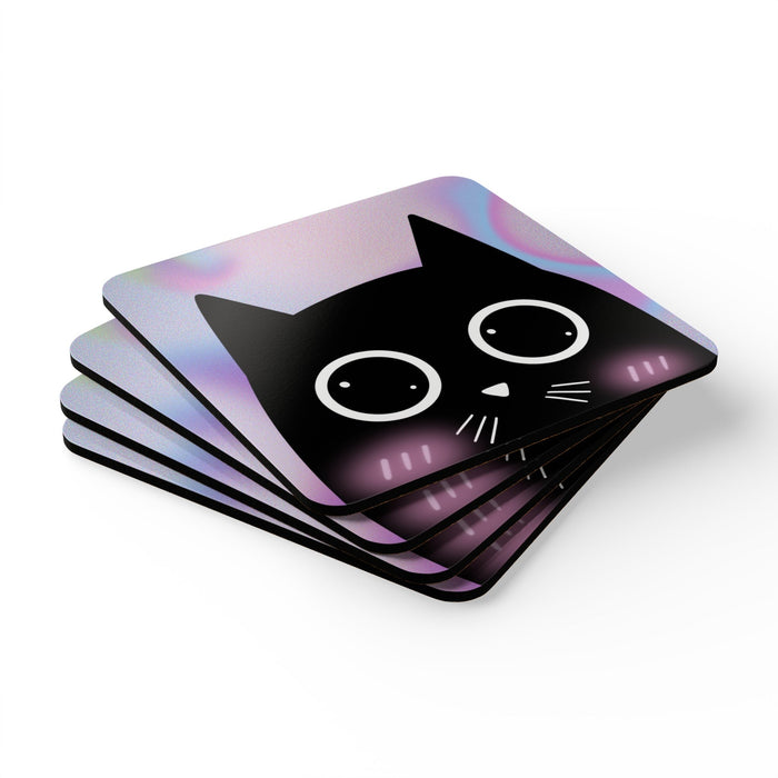 Coaster Set for Cat Lovers, Adorable Blushing Kitty Design (4 Pieces): black, white black cat character, kawaii cartoon style