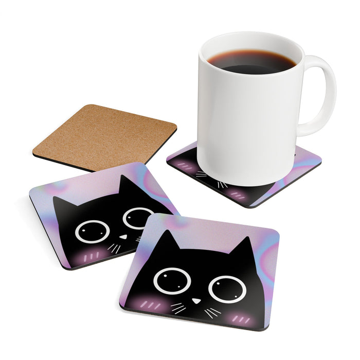 Coaster Set for Cat Lovers, Adorable Blushing Kitty Design (4 Pieces): black, white black cat character, kawaii cartoon style