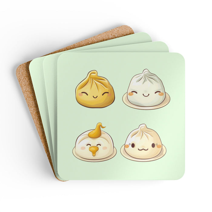 Coaster Set for Dumplings (Set of 4): mint green, tan cartoon dumplings, kawaii cartoon style