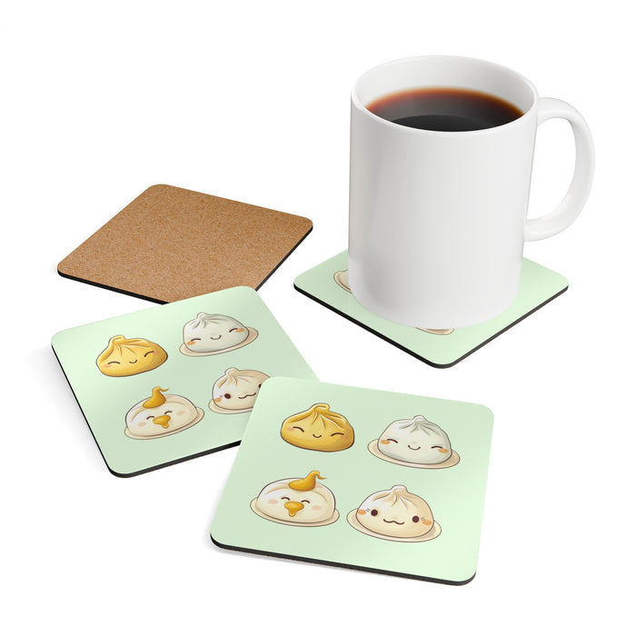 Coaster Set for Dumplings (Set of 4): mint green, tan cartoon dumplings, kawaii cartoon style