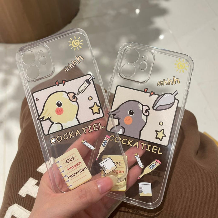 Cockatiel Bird Phone Case with Protection: transparent, brown cartoon cockatiel birds, cute cartoon kawaii style