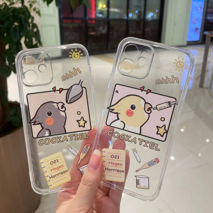 Cockatiel Bird Phone Case with Protection: transparent, brown cartoon cockatiel birds, cute cartoon kawaii style