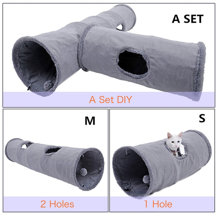 Collapsible Animal Activity Tunnel Kit with Detachable Toy: gray, dark gray cat, minimal pet accessory style