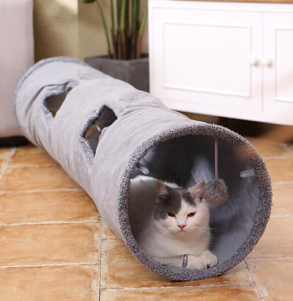 Collapsible Animal Activity Tunnel Kit with Detachable Toy: gray, dark gray cat, minimal pet accessory style