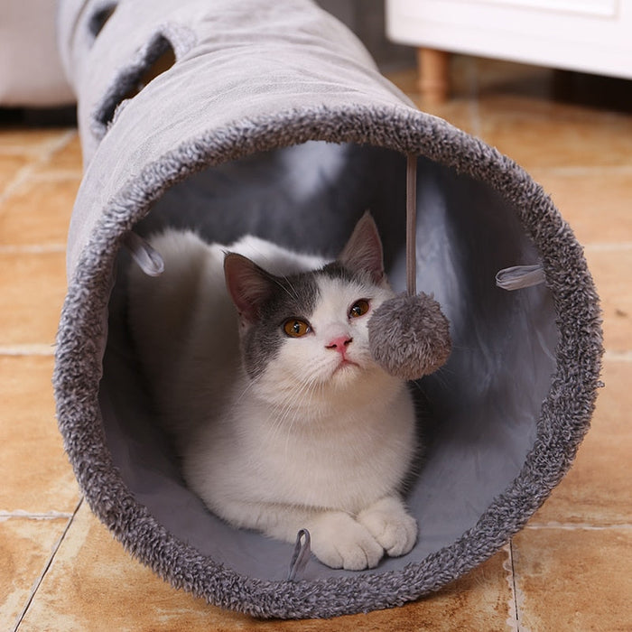 Collapsible Animal Activity Tunnel Kit with Detachable Toy: gray, dark gray cat, minimal pet accessory style