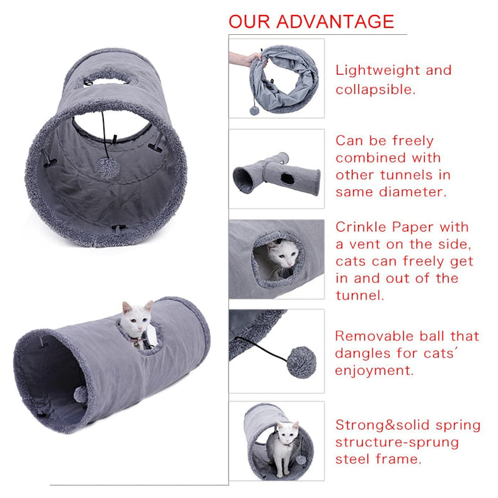Collapsible Animal Activity Tunnel Kit with Detachable Toy: gray, dark gray cat, minimal pet accessory style
