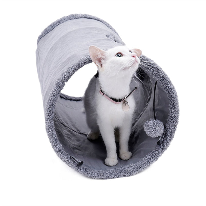 Collapsible Animal Activity Tunnel Kit with Detachable Toy: gray, dark gray cat, minimal pet accessory style