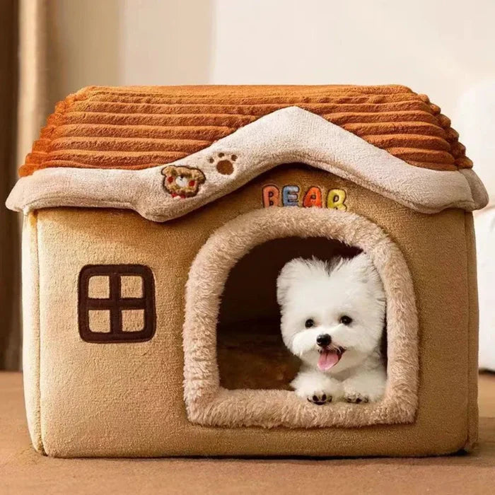 Collapsible Animal Shelter: beige, brown dog-themed house with a small white dog visible, cute cartoon/kawaii style