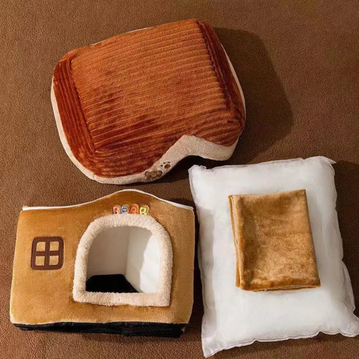 Collapsible Animal Shelter: beige, brown dog-themed house with a small white dog visible, cute cartoon/kawaii style