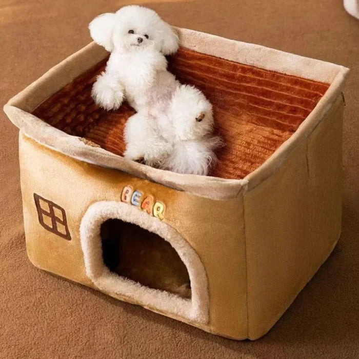Collapsible Animal Shelter: beige, brown dog-themed house with a small white dog visible, cute cartoon/kawaii style