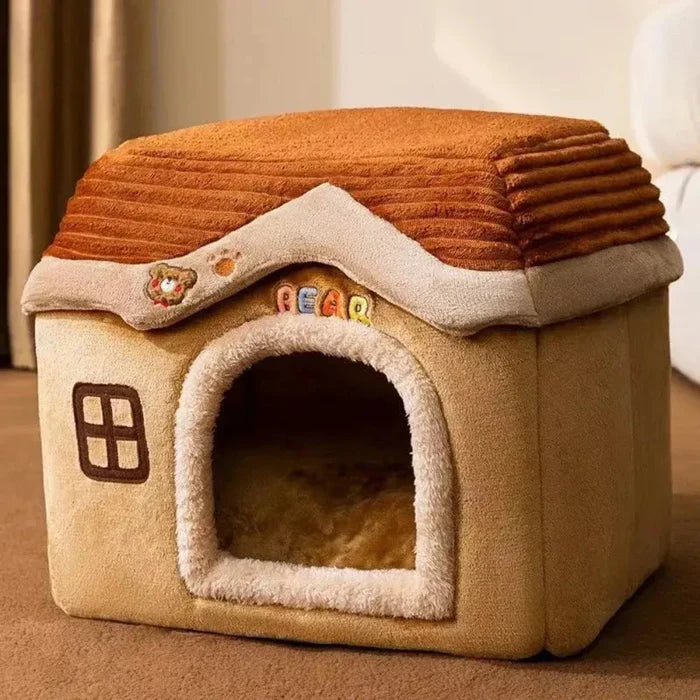 Collapsible Animal Shelter: beige, brown dog-themed house with a small white dog visible, cute cartoon/kawaii style