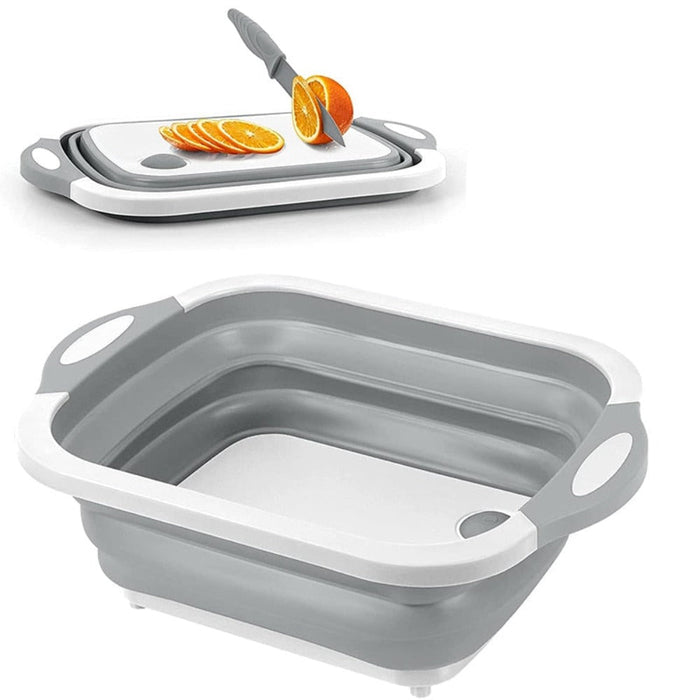 Collapsible Cutting Board with Multiple Functions: gray, white collapsible rectangular basin/tray, minimal functional style