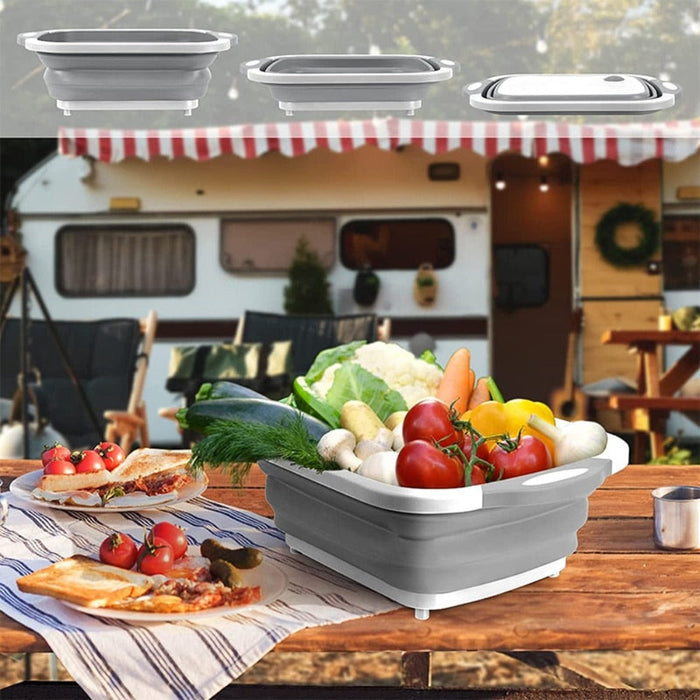 Collapsible Cutting Board with Multiple Functions: gray, white collapsible rectangular basin/tray, minimal functional style