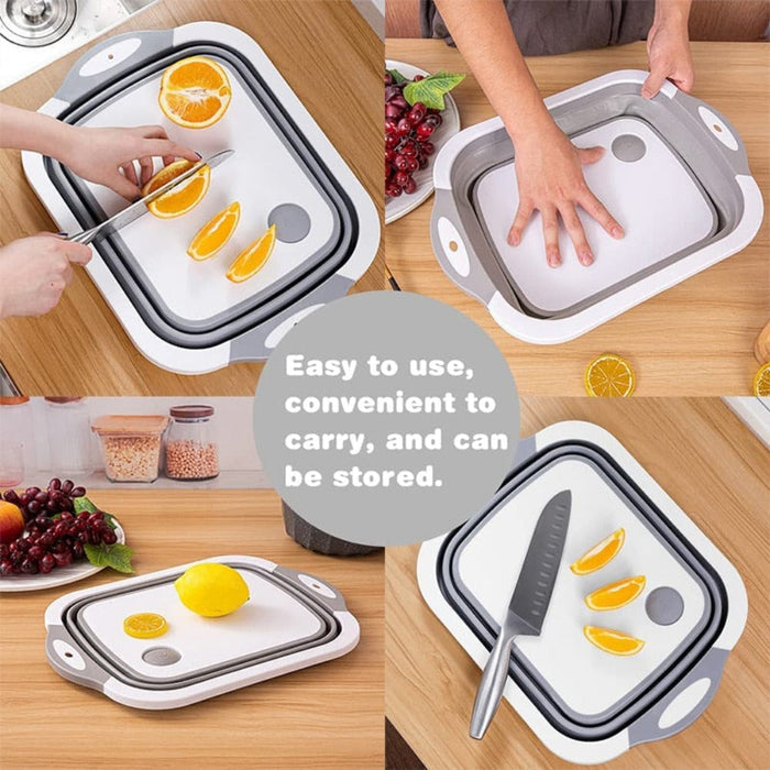 Collapsible Cutting Board with Multiple Functions: gray, white collapsible rectangular basin/tray, minimal functional style