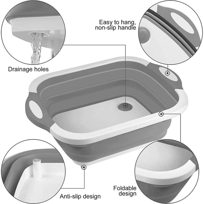 Collapsible Cutting Board with Multiple Functions: gray, white collapsible rectangular basin/tray, minimal functional style