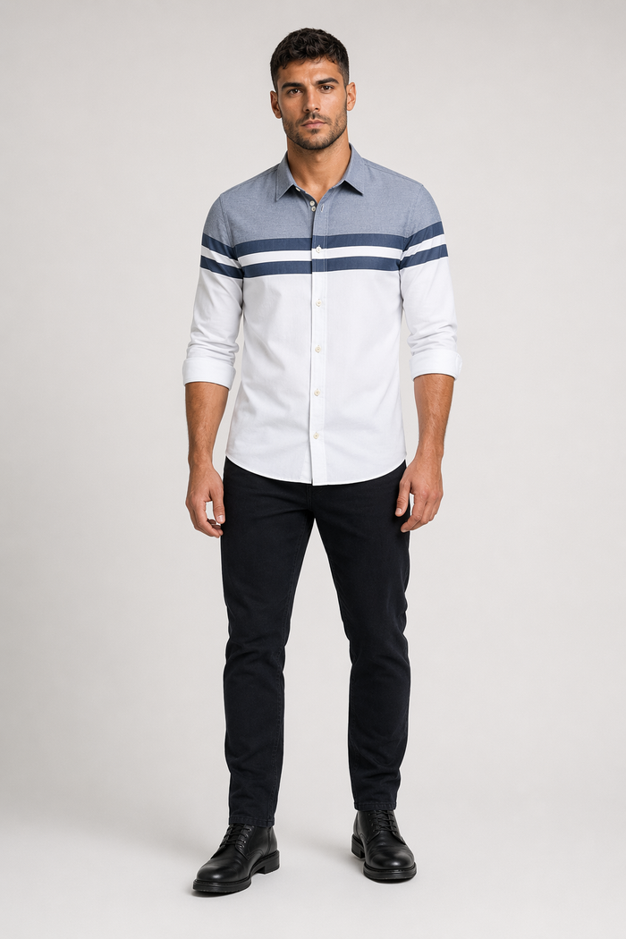 Color-Blocked Men's Button-Up Shirt: A Revised Title White