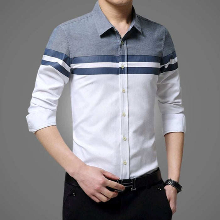 Color-Blocked Men's Button-Up Shirt: A Revised Title: blue-gray, white button-up long-sleeve shirt, casual color-blocked styl