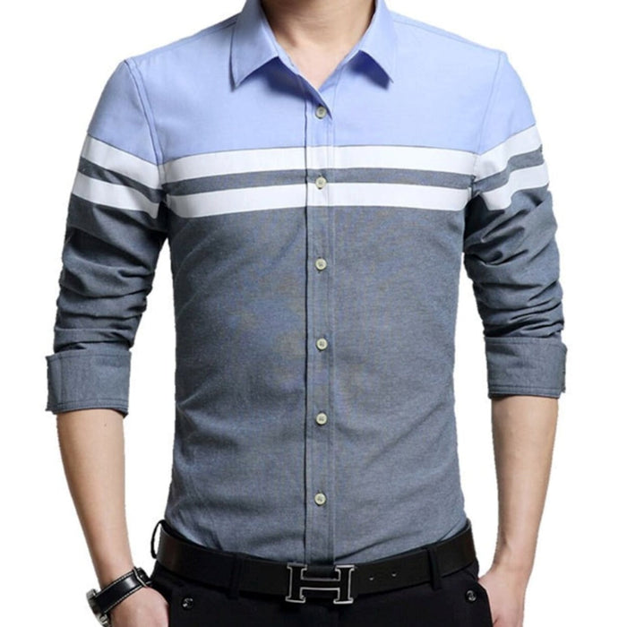 Color-Blocked Men's Button-Up Shirt: A Revised Title: blue-gray, white button-up long-sleeve shirt, casual color-blocked styl